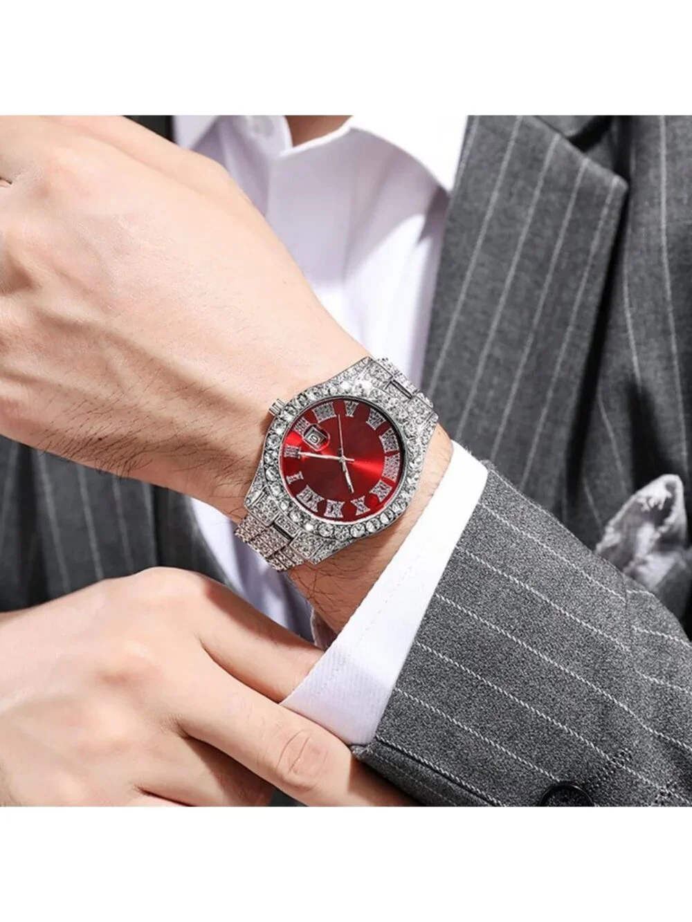 Men's Silver Red Analog Crystal Rhinestone Diamond Iced-Out Bracelet Wrist Watch